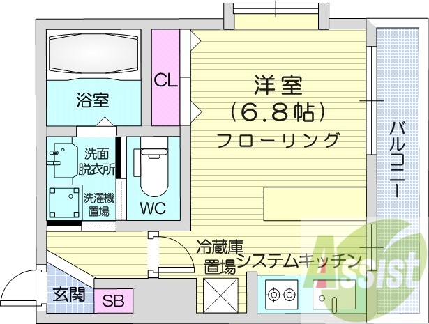 1R、オートロック、角部屋、システムキッチン、エアコン