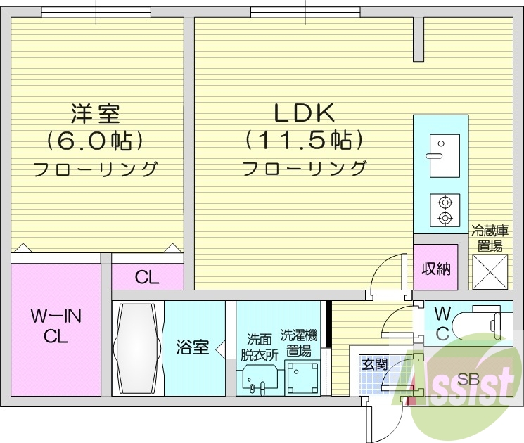 1LDK、エアコン、システムキッチン、シャンドレ