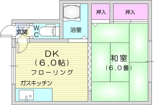 1DK、バス・トイレ別、ウォシュレット、ガスFF暖房