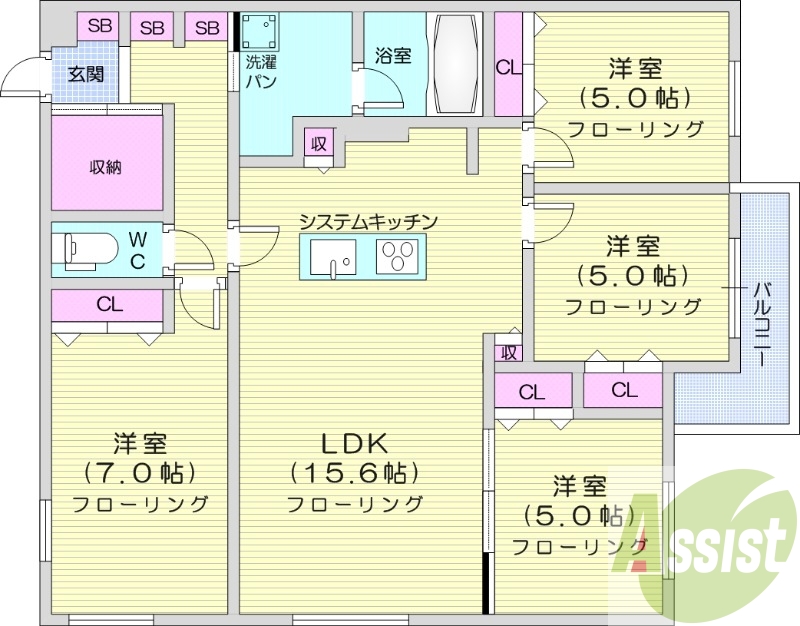 4LDK、都市ガス、システムキッチン、浴室乾燥機