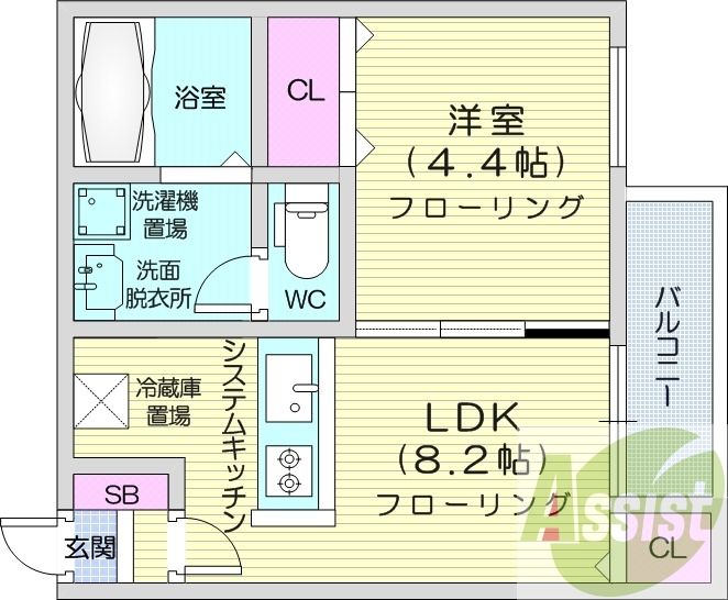 1LDK、システムキッチン、エアコン、ネット無料