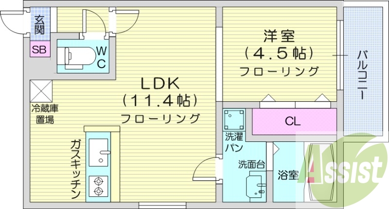 1LDK、エアコン、システムキッチン、都市ガス