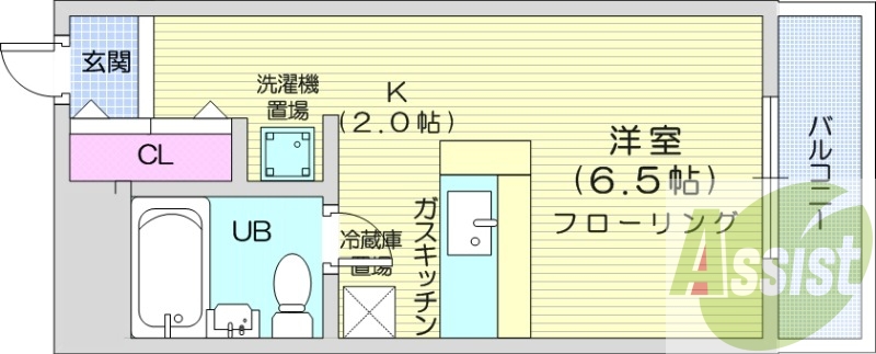 1K、収納、ガス暖房、バルコニー、洗濯機置場