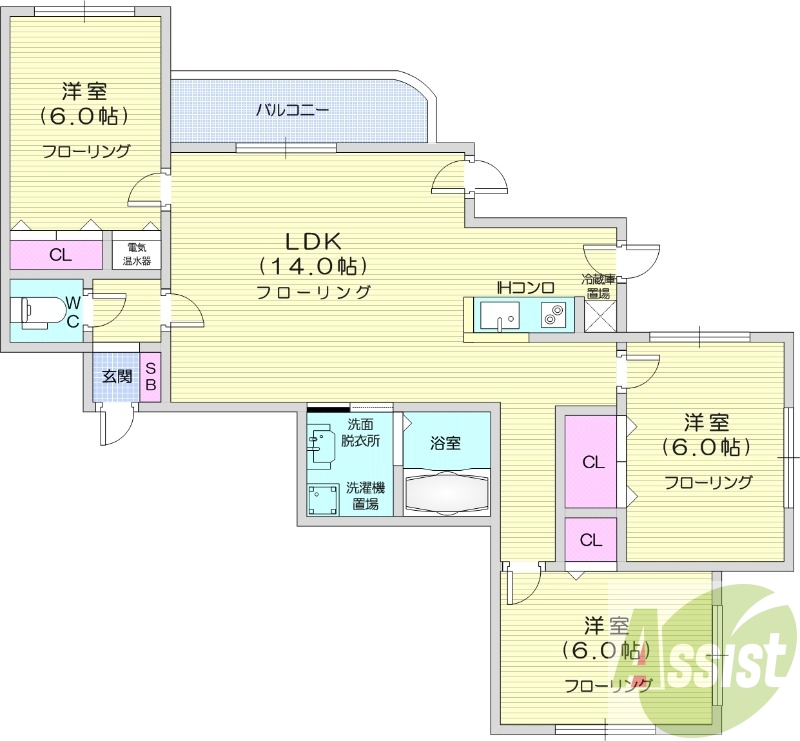 3LDK、エアコン、オートロック、宅配ボックス