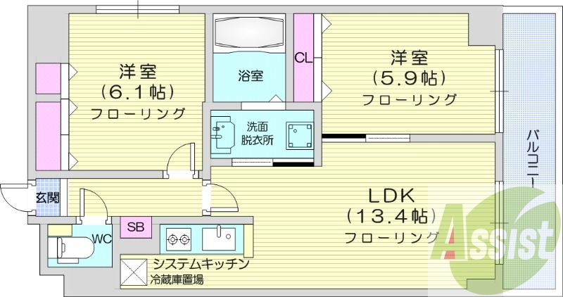2LDK、システムキッチン、エアコン、シャンプードレッサー