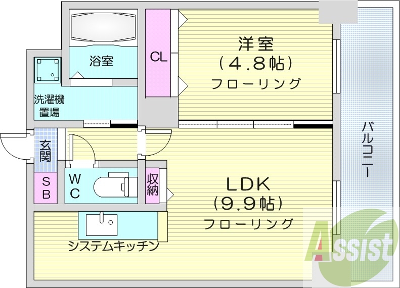 1LDK、都市ガス、システムキッチン、シャンプードレッサー