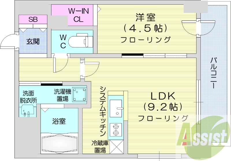 1LDK、都市ガス、システムキッチン、シャンプードレッサー