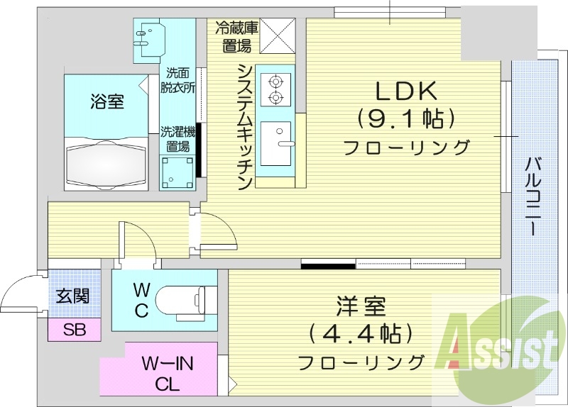 1LDK、都市ガス、システムキッチン、シャンプードレッサー