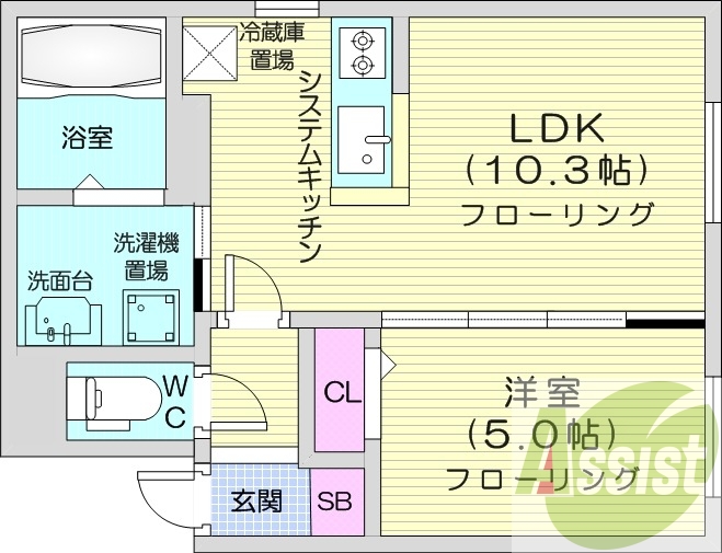 1LDK、都市ガス、エアコン、ネット使用料無料、角部屋