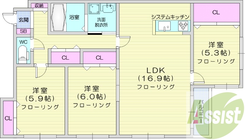 3LDK、ネット使用料不要、エアコン、システムキッチン
