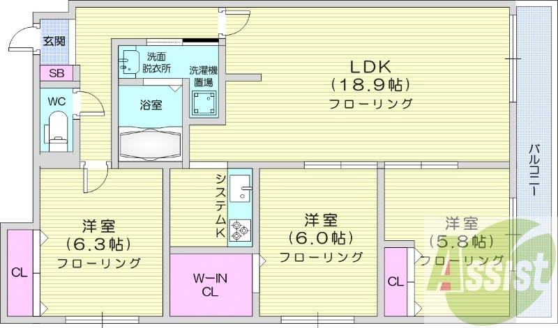 3LDK、ネット使用料不要、エアコン、システムキッチン