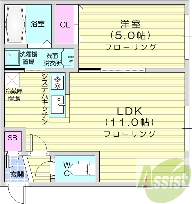1LDK、システムキッチン、エアコン、都市ガス