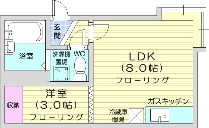 1LDK、バストイレ別、ガスFF暖房、室内洗濯機置場