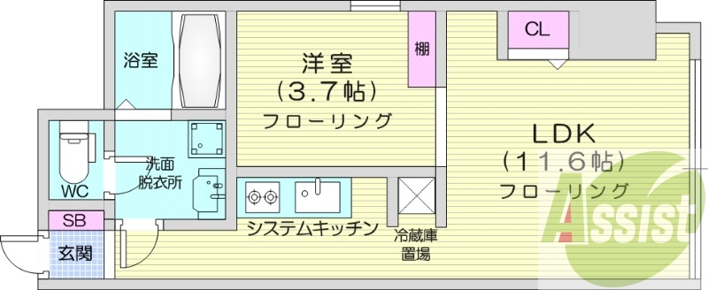 1LDK、オートロック、角部屋、ネット無料、システムキッチン