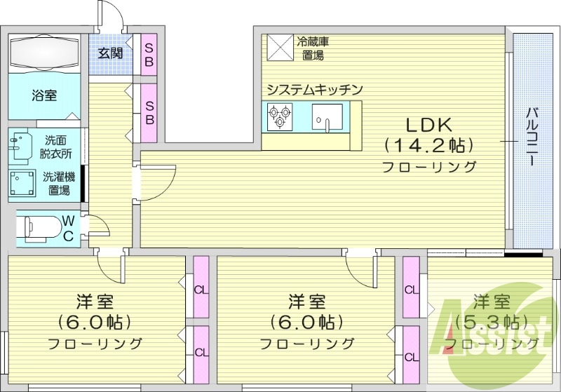 3LDK、ウォークインクローゼット、システムキッチン