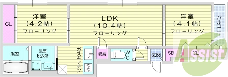 2LDK、シャワートイレ、エアコン、インターネット無料