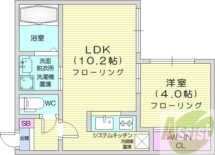 1LDK、エアコン、都市ガス、システムキッチン