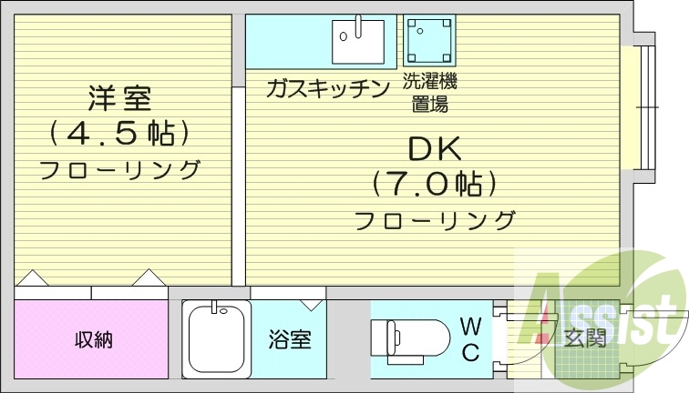 1DK、灯油暖房、バストイレ別、ガスキッチン