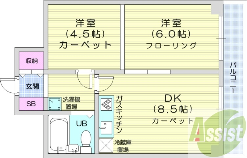 2DK、都市ガス、ガス暖房、エレベーター