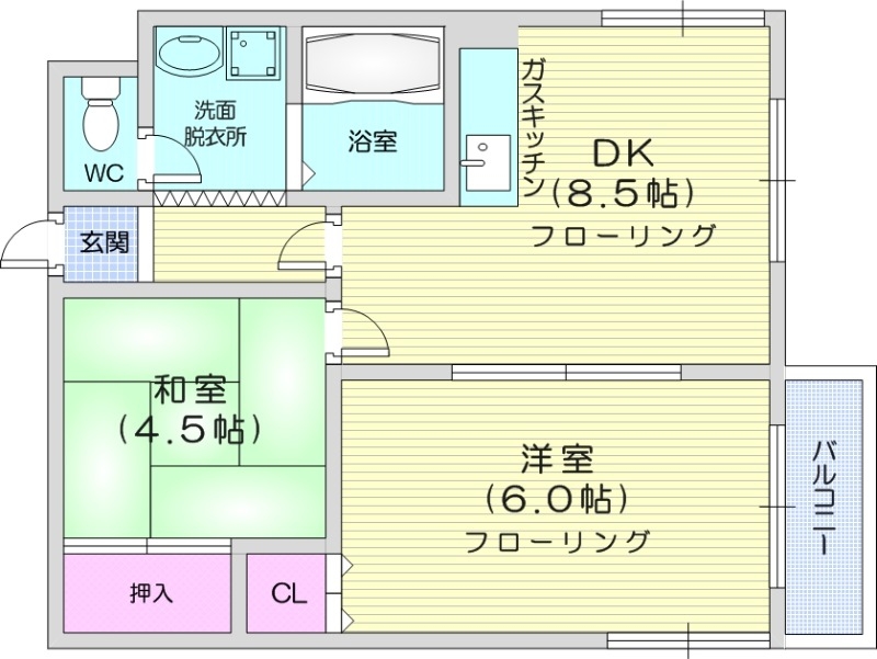 2DK、灯油暖房、角部屋、バルコニー、収納