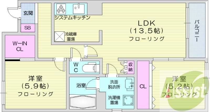2LDK、都市ガス、ウォークインクローゼット、バルコニー