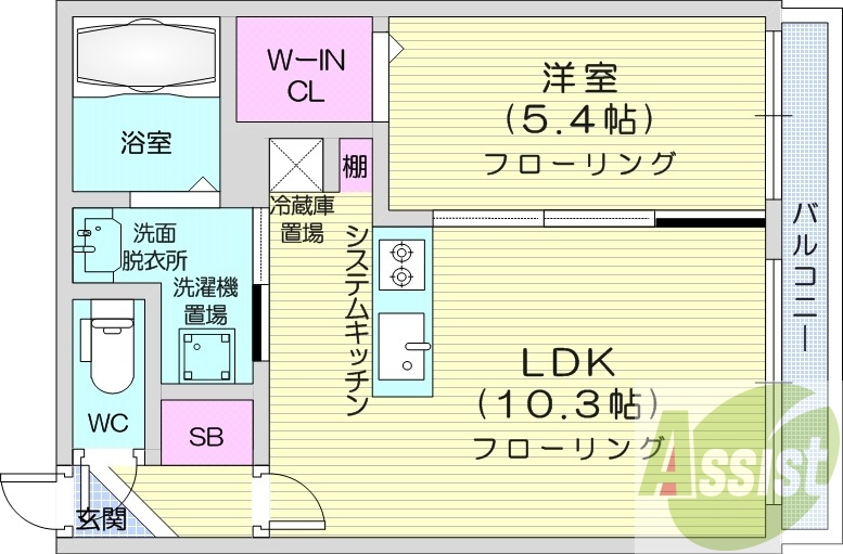 1LDK、システムキッチン、エアコン付き