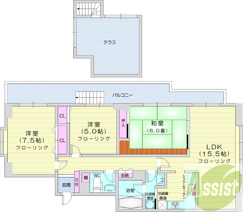 3LDK、システムキッチン、浴室乾燥機、バルコニー