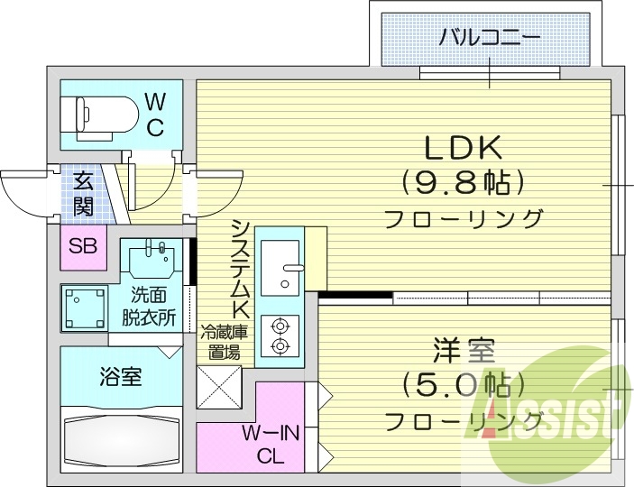 1LDK、システムキッチン、浴室乾燥機、エアコン
