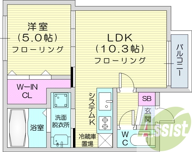 1LDK、システムキッチン、浴室乾燥機、エアコン