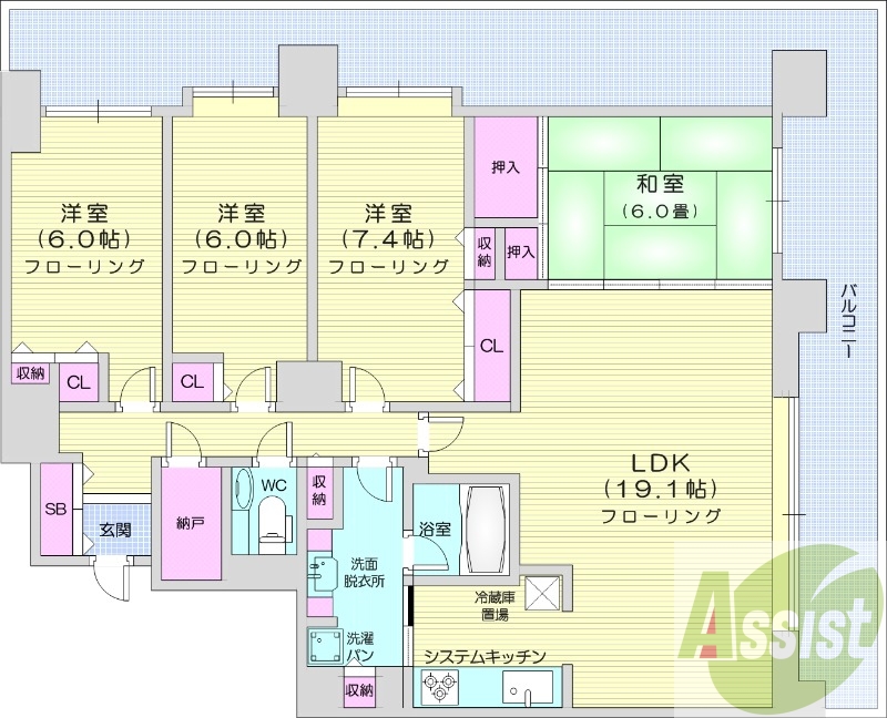 4LDK、都市ガス、分譲、エアコン、システムキッチン