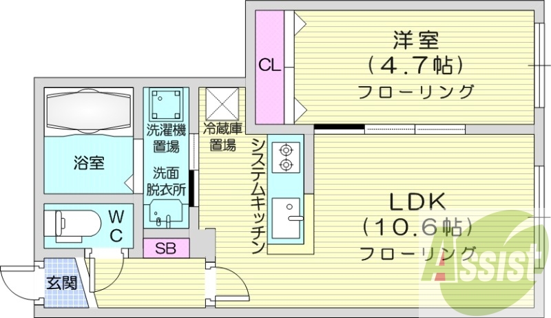 1LDK、システムキッチン、追い焚き、エアコン