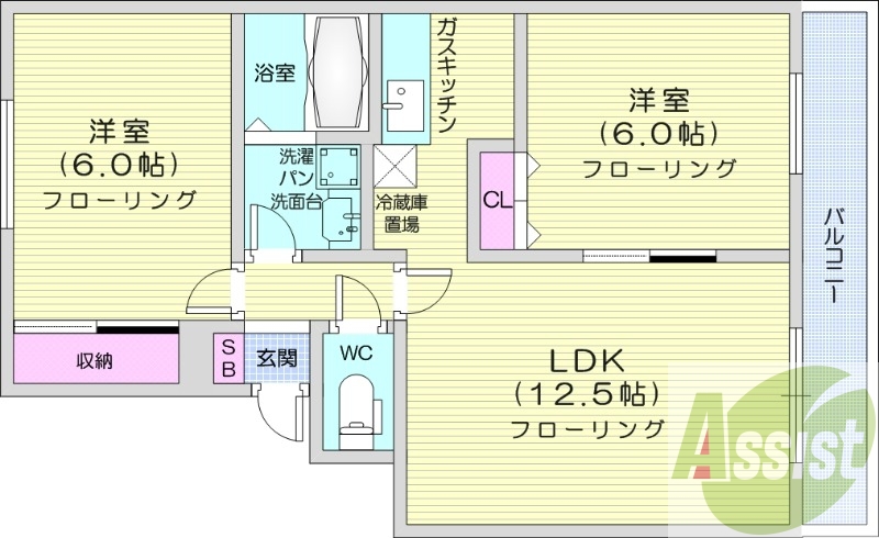 2LDK、灯油暖房、室内洗濯機置場、バストイレ別