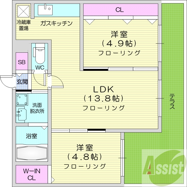 2LDK、角部屋、オートロック、ペット可、ネット無料