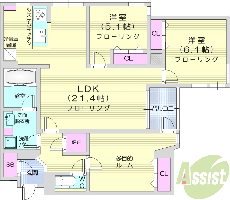 3LDK、都市ガス、エコジョーズ、エアコン、ネット無料