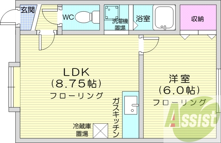 1DK、灯油暖房、バストイレ別、給湯ガス、収納