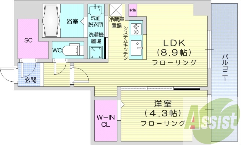 1LDK、都市ガス、システムキッチン、追い焚き
