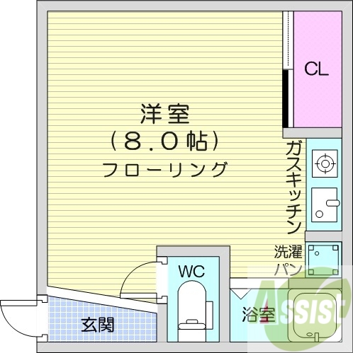 1R、ガスキッチン、バス・トイレ別、室内洗濯機置き場