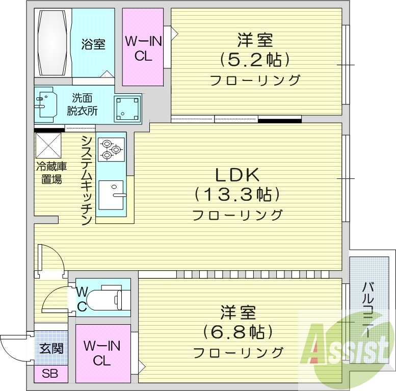 2LDK、都市ガス、ウォークインクローゼット、エアコン