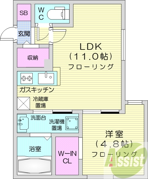1LDK、都市ガス、インターネット無料、シャワートイレ