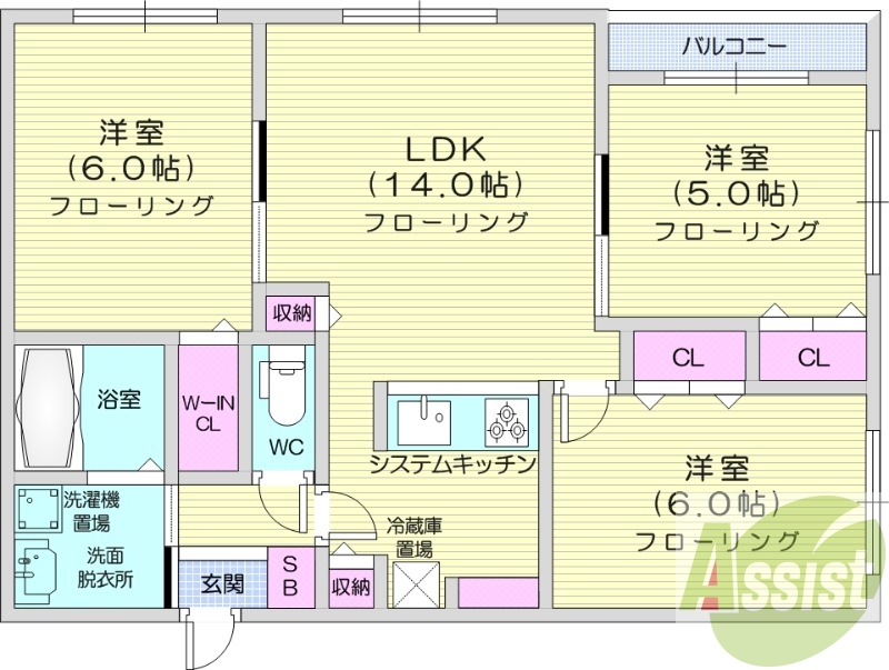 3LDK、エアコン、都市ガス、システムキッチン、バルコニー