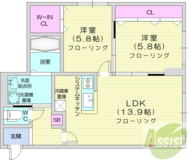 2LDK、都市ガス、システムキッチン、オートロック、