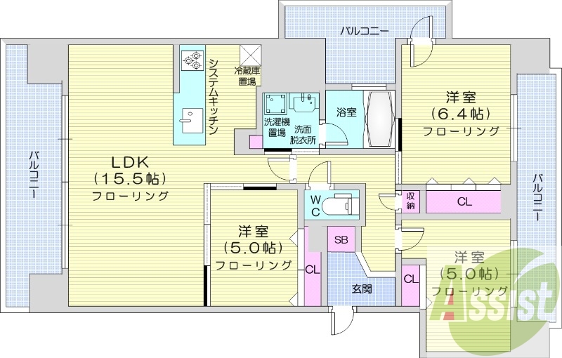 3LDK、都市ガス、システムキッチン、バルコニー、独立洗面