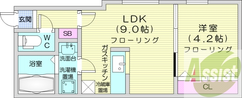 1LDK、灯油暖房、洗髪洗面化粧台、バストイレ別
