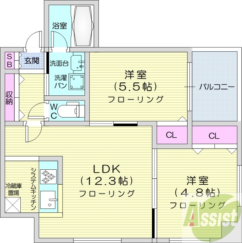 2LDK、エアコン、都市ガス、バルコニー、角部屋