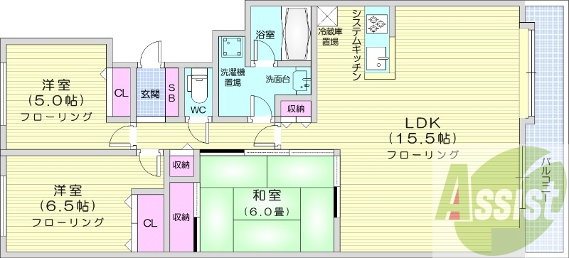 3LDK、都市ガス、システムキッチン、シャワートイレ