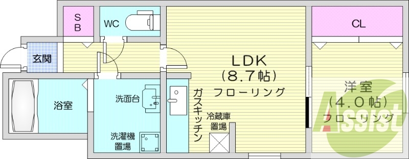 1LDK、インターネット無料、バストイレ別、洗髪洗面化粧台