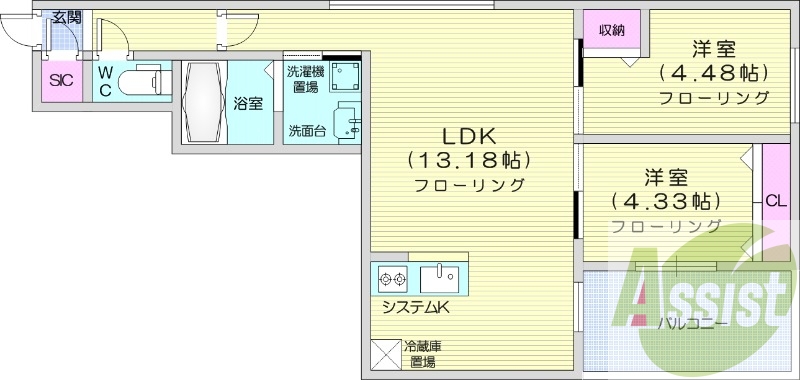 2LDK、エアコン、都市ガス、システムキッチン、独立洗面台