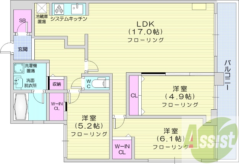 3LDK、角部屋、都市ガス、エアコン、追い炊き