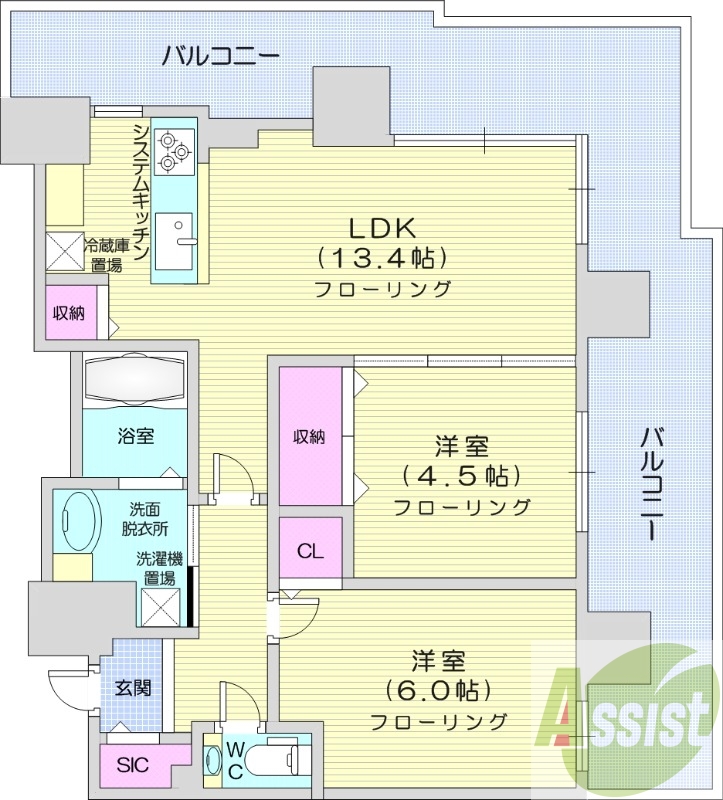 2LDK、都市ガス、追炊き、ディスポーザー、床暖房