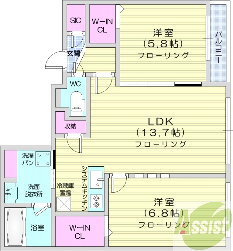 2LDK、都市ガス、エアコン、システムキッチン